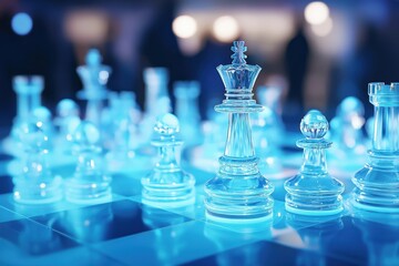 Illuminated Chess Pieces on a Blue Board with Blurred Background