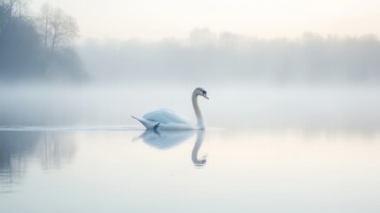 Fototapeta premium Misty Morning Swan on Calm Lake