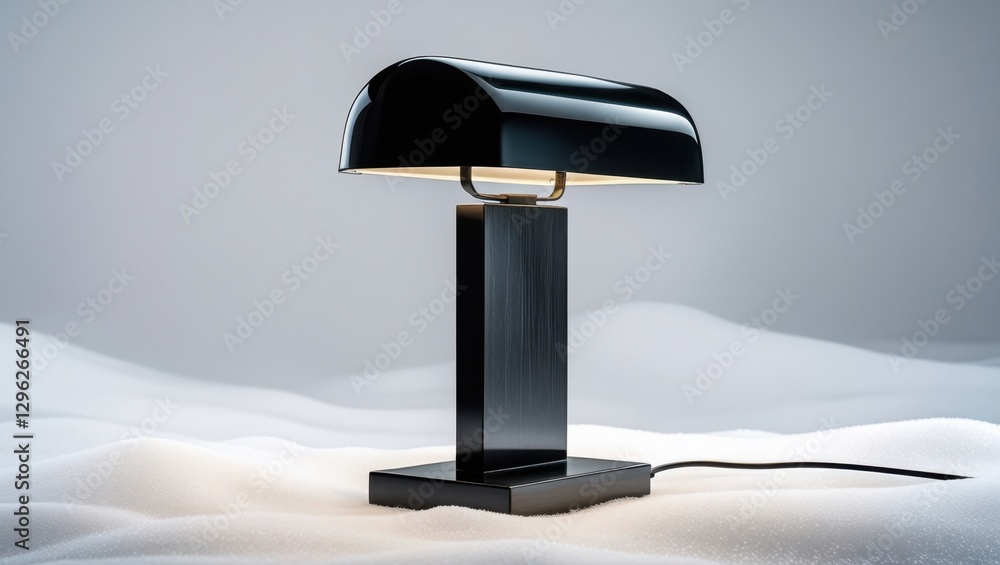 Poster sleek black desk lamp with square base on snowy surface in studio setting minimalist style design an