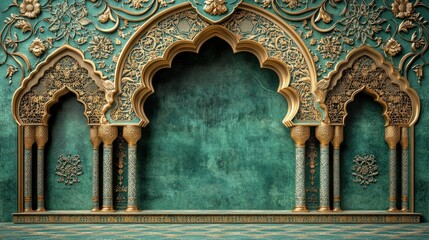 Obraz premium Ornate gold and teal Islamic archway with textured wall.