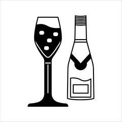 Champagne glass and bottle graphic icon. Champagne party event sign isolated on white background. Vector illustration