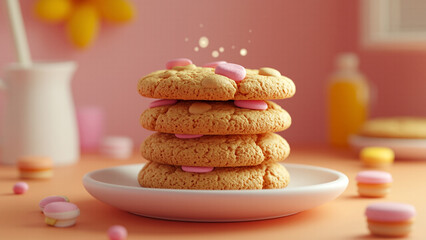 Delightful cookie stack adorned with pastel candies in cozy setting