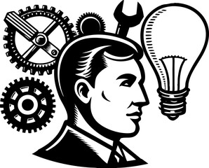 Maniac sinister-looking man with a wide, unsettling grin and intense eyes, madness, horror sketch engraving vector