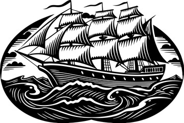 Majestic yacht sailing ship with large sails, cruising on the ocean waves,  drawn in an engraved, woodcut style sketch engraving vector