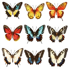 Obraz premium Butterflies Mariposas on white background in a clipart style, png cutout, no shadow, png cutout