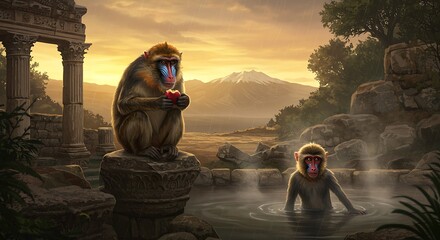 Mandrill Monkeys Enjoying Hot Springs in Fantasy Landscape with Sunset