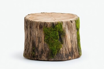 A moss-covered tree stump with an isolated white background, ultra-realistic photography