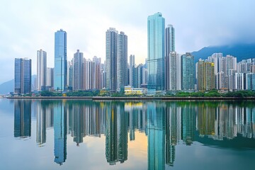 Naklejka premium A photo of multiple tall buildings closely situated next to each other creating an urban cityscape Downtown cityscape with reflective glass skyscrapers .