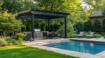 Black Pergola Overlooking a Blue Swimming Pool and Outdoor Kitchen in Lush Green Backyard