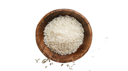 Basmati rice overflowing a wooden bowl on transparent background