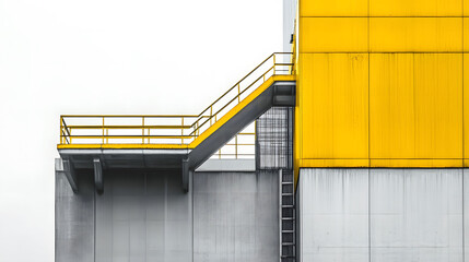 A close-up of a modern industrial building featuring a bright yellow stairway, railing, and a contrasting gray concrete wall., Industrial photography