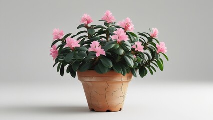 Fototapeta premium Small Lush Oleander Shrub with Delicate Pink Flowers in Terracotta Pot on Neutral Background for Indoor Gardening and Home Decor