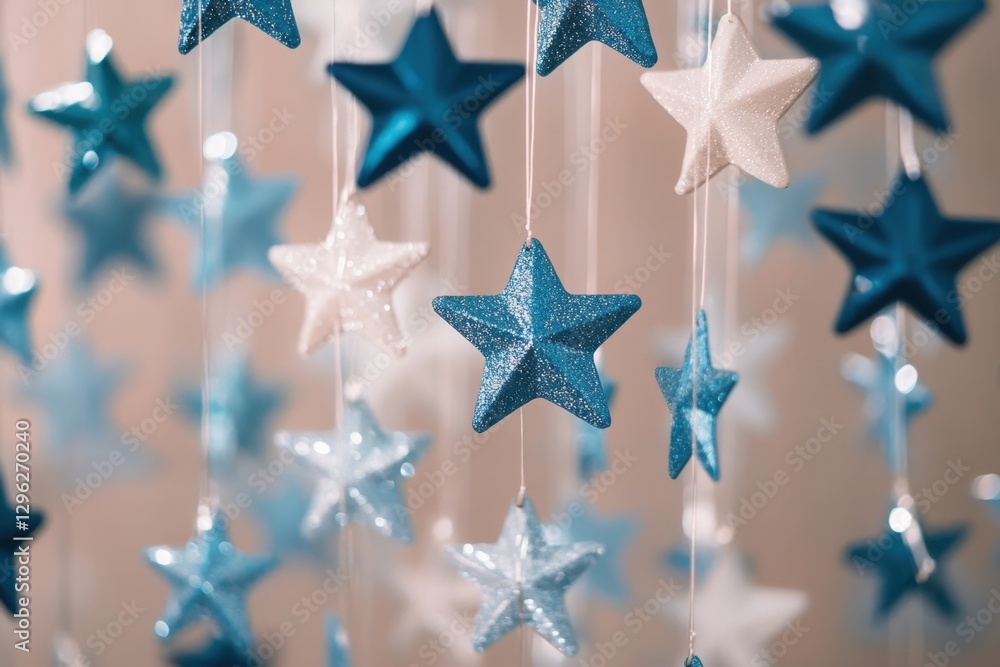 Poster a photo of numerous stars hanging from strings on a wall creating a mesmerizing display of celestial