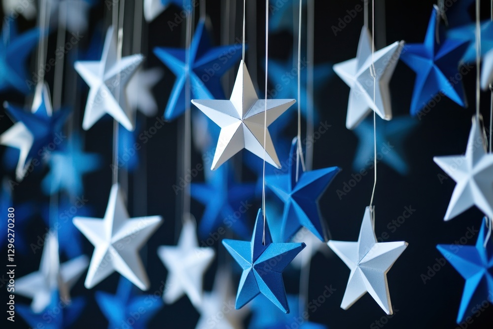 Poster a photo of numerous stars hanging from strings on a wall creating a mesmerizing display of celestial