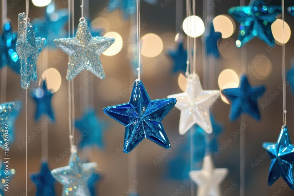 Poster a photo of numerous stars hanging from strings on a wall creating a mesmerizing display of celestial