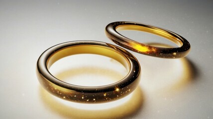 Two Golden Wedding Rings Floating on a Soft Light Background with Glimmering Details and Metallic Texture