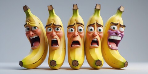 Cartoon bananas scream. Yellow fruit characters show fear. Funny food with scared faces open mouths wide, standing in row. Digital render.