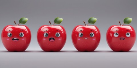 Four red apples with faces stand on gray surface. Apples show different expressions. Cartoon style apples with leaves.