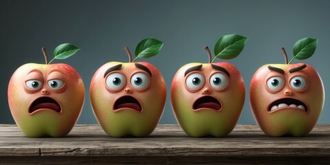 Apples With Faces. Red Yellow Fruits With Different Expressions on Wood Table. Cartoon Style. Scared, Angry, Sad Apple Emotion.
