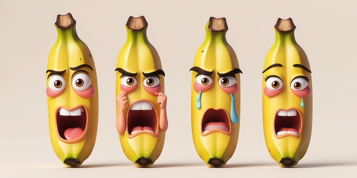 Four yellow bananas with cartoon faces showing different emotions like anger, sadness, fear, and surprise on beige background. Still image