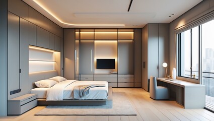 Bedroom interior in gray tones with bed, desk and wardrobe. Warm light shines. City view through window. Modern design.