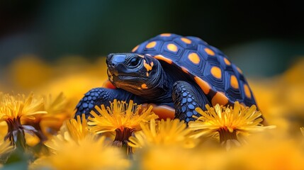 Obraz premium Yellow-spotted tortoise among dandelions.