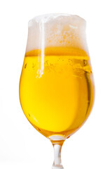 A bubbles in a glass of foamy beer on a white background. cooling drink. 