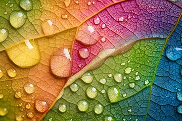 Vibrant rainbow leaves with glistening water droplets.
