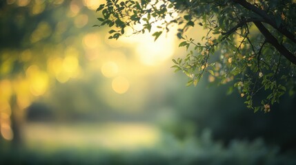 A blurred, defocused garden tree in a tranquil natural background, bathed in soft, golden light.