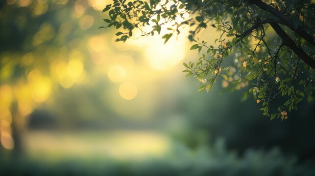 A blurred, defocused garden tree in a tranquil natural background, bathed in soft, golden light.