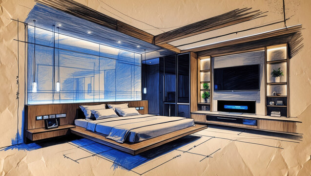 Bedroom interior design sketch. Modern master bedroom with bed, TV, shelves and blue accents. Hand drawn illustration on crumpled paper.