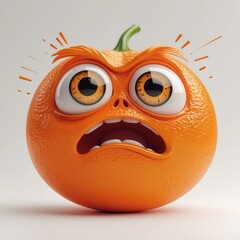Funny orange fruit character with angry face. Cartoon style orange with wide eyes and open mouth on white background. Studio shot