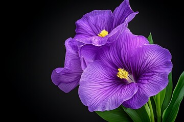 Naklejka premium Macro photograph of purple flower petals, with golden stamens against a dark background, in sharp focus. Studio photography, high-resolution image