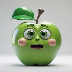 Green apple with face looking surprised. Cartoon style shiny fruit has leaf and stem. Face shows fear and shock.