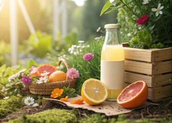 Fresh Citrus Juice Bottle and Fruit in Garden Setting