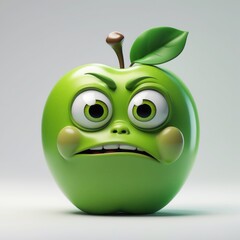 Green apple with face shows angry expression. Cartoon style apple with eyes, nose and mouth. Studio shot of fruit with leaf and stem on bright background.