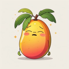 Sad Mango Cartoon. Yellow orange fruit has green leaves and tiny hands. Eyes are closed. Pink cheeks. Simple cartoon style.