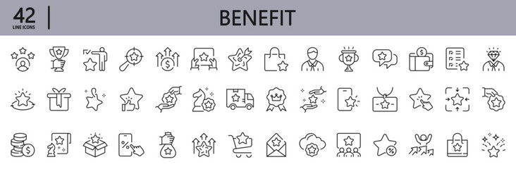 Benefit line icons set with Present, Benefit, Coupon, Reward, Card, Profit, Star, Gift and more. Editable Stroke