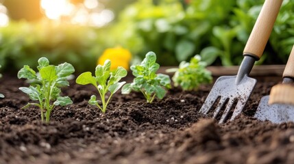 Young plants growing in garden soil with gardening tools.