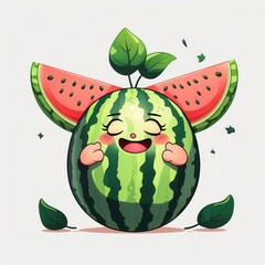 Happy watermelon character smiles with arms and watermelon slice wings. Green leaves decorate fruit in cartoon style illustration