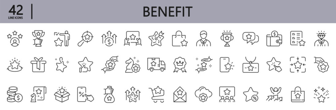Benefit line icons set with Present, Benefit, Coupon, Reward, Card, Profit, Star, Gift and more. Editable Stroke