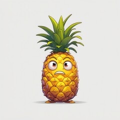 Cartoon pineapple character. Yellow fruit with green leaves has worried expression on face. Digital art on white background.