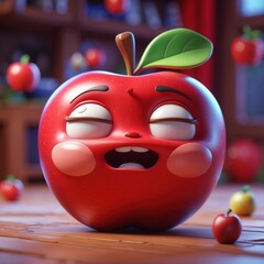 Red apple cartoon character with funny face sits on wood surface with other apples around. Cartoon style digital illustration.