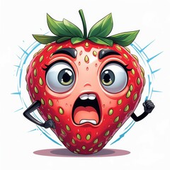 Naklejka premium Cartoon strawberry character with shocked expression. Red berry with green leaves and arms. Illustration on white background.