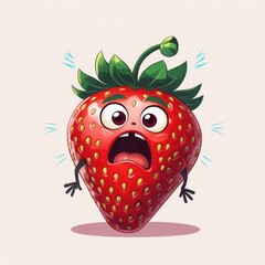 Cartoon style drawing shows scared strawberry with wide eyes and open mouth. Red strawberry has green leaves and arms.