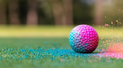 Naklejka premium Colorful Golf Ball Creating Vibrant Splash of Powder on Green Grass
