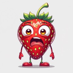 Cartoon red strawberry with big eyes, mouth open and hands on the side, cartoon style drawing showing scared emotion
