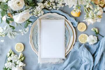 Lemon & Floral Invitation Mockup Italian Style Table Setting in Yellow and Blue
