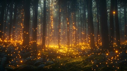 Bright enchanted forest features Tyndall effect light beams through tall trees, golden sunrays, vibrant moss, emerald grass, and misty atmosphere, creating magical ambiance with warm autumn ferns.