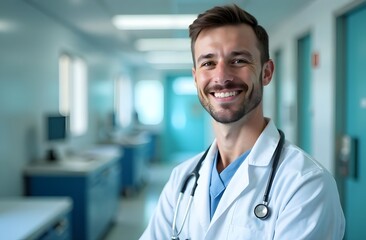 Young Man Doctor Smiling Against Hospital Interior Background